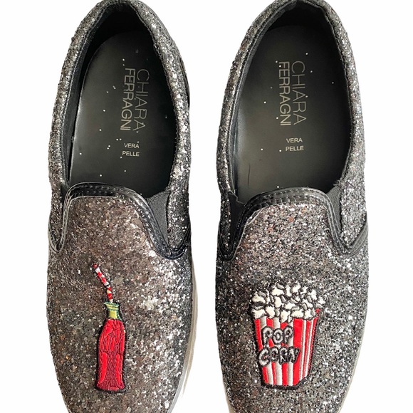 CHIARA FERRAGNI Glitter Leather Slip On Sneakers - Picture 1 of 9
